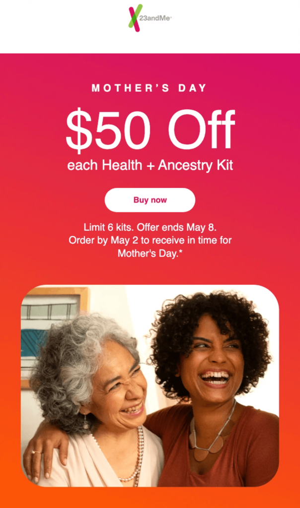 23andMe Mother's day discount email